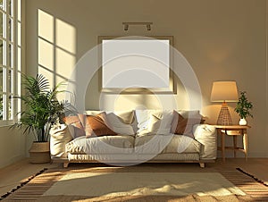 A cozy living room with a comfy couch and a painting mockup on the wall