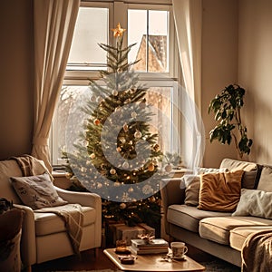 Cozy living room with a decorated Christmas tree in front of the window generated by artificial intelligence