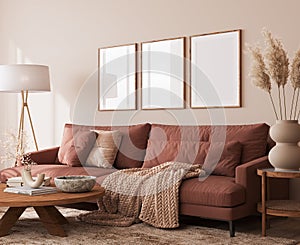Cozy living room design, frame mockup in warm interior design space