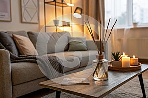 Cozy living room interior with grey sofa and reed diffuser
