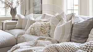 A cozy living room featuring a neutral color palette of creams taupes and soft grays. Plush pillows and a textured rug