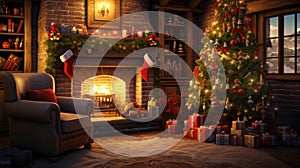 Cozy living room with festive Christmas tree and warm fireplace. Perfect for holiday decorations and