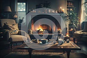 A cozy living room with a fireplace and a coffe. ai generative