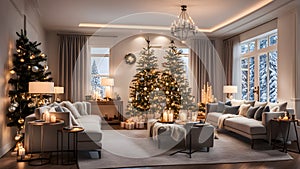 A cozy living room with a fireplace, decorated with Christmas lights and ornaments