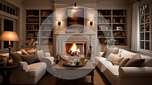 A cozy living room with fireplace in the middle of two bookshelves, white color dim lights