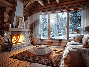 A cozy living room with a fireplace, a sofa, and a view of the snowy forest outside