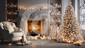 Cozy living room with glowing candle, Christmas tree, and lantern generated by AI