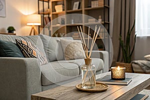 Cozy living room with grey sofa and reed diffuser