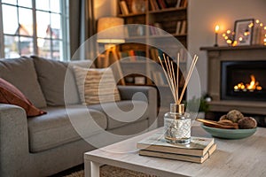 Cozy living room with grey sofa and reed diffuser