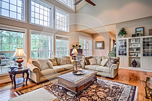 Cozy Living Room Home Interior With Luxury Sofa, hardwood flooring, wide windo