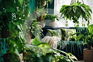 Cozy living room with indoor plants. Home gardening and biophilic design. Authentic home interior