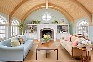 cozy living room inside gambrel roofed shingle house