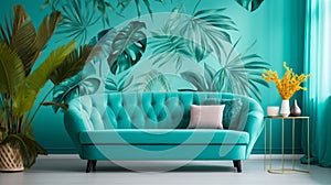 Cozy Living Room Interior with Chair and Turquoise Sofa AI Generated