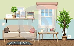 Cozy living room interior with colored walls, a sofa, and a ficus tree. Cartoon vector illustration