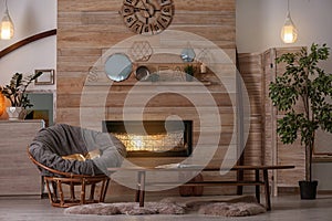 Cozy living room interior with comfortable papasan