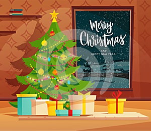 Cozy living room interior decorated for Christmas holidays. Cartoon vector illustration with Christmas tree, gifts and