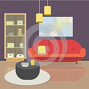 Cozy Living room interior with furniture and window. Flat style vector illustration.