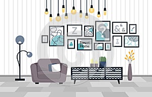 Cozy living room interior in the house. Apartment with modern furniture and decor accessories. Vector illustration