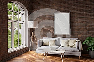 cozy living room interior in a room corner sunlight shining trough window floorlamp and couch table with modern laptop canvas