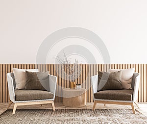 Cozy living room interior, Scandinavian style mock up. Rattan ceiling lamp, wooden table, two chairs. beige and brown furniture .