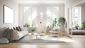 Cozy living room interior, Scandinavian style, wooden furniture and elegant home accessories. Generative AI