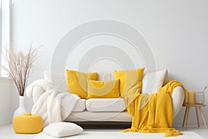 Cozy living room interior. White sofa with beige, yellow and white color pillows and fur and woolen blankets