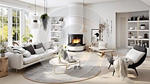 A cozy living room with large windows, a round table and a fireplace