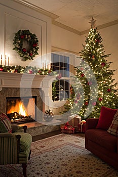Beautiful living room interior with burning fireplace and Christmas tree in evening photo