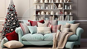 Cozy living room with modern sofa, bright decoration, and comfortable pillows generated by AI