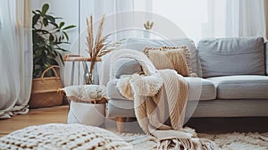 a cozy living room in natural light Loft interior design of modern living room grey sofa adorned with textured cushions potted