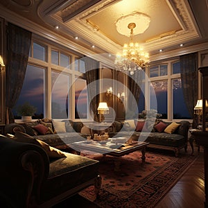 Cozy living room at night with warm lighting, comfortable sofa