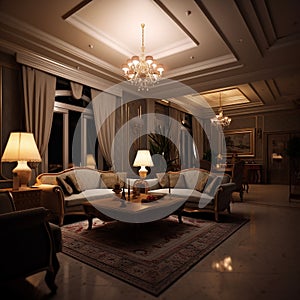 Cozy living room at night with warm lighting, comfortable sofa