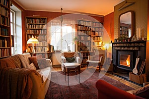 cozy living room, with open fireplace and bookshelves filled with classic novels