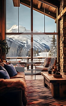 Cozy living room with sofa and panoramic window overlooking the winter mountains and forest