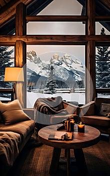 Cozy living room with sofa and panoramic window overlooking the winter mountains and forest