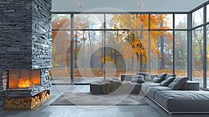 Cozy living room with a soft couch placed in front of fireplace. The window offers view of autumn forest. Resting in