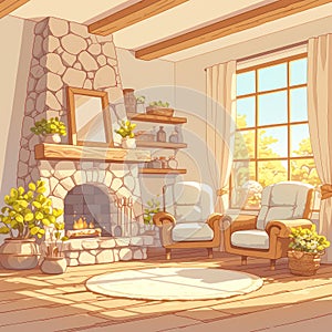 Cozy Living Room with Stone Fireplace and Wooden Beams Illustration photo