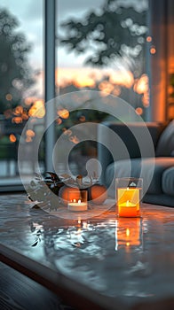 A cozy living room with a table adorned with amber candles