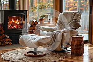 A cozy living room with a white recliner and ottoman, a fireplace