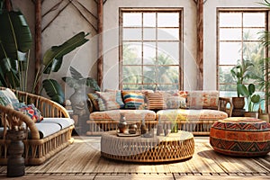 A cozy living room with wicker furniture, plants, and a woven rug