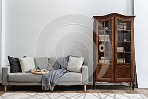 Cozy living room with wooden bookcase, sofa and food on breakfast tray