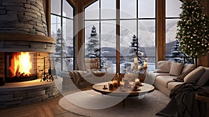 Cozy living toom interior with large windows and a fireplace, winter christmas setting