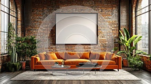 Cozy loft apartment with orange sofa, brick wall, blank frame, and plants