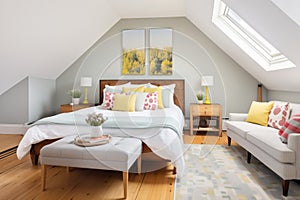 cozy loft bedroom in modernized saltbox interior