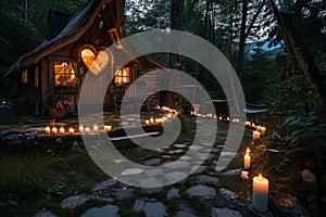 A cozy log cabin featuring a heart shaped window surrounded by a collection of flickering candles, An enchanting candlelit path