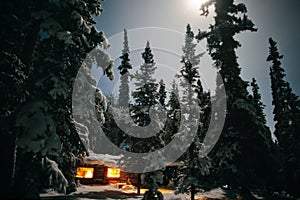 Cozy log cabin at moon-lit winter night