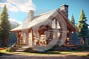 Cozy Log Cabin With Porch and Stairs in a Serene Setting. Generative AI.