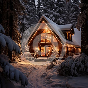 Cozy Log Cabin in Snow-Covered Forest