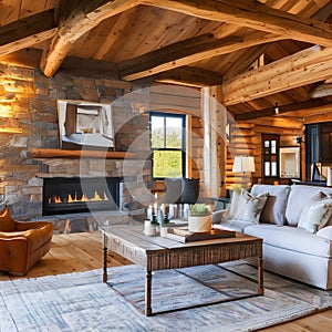 A cozy, log cabin-style living room with a stone fireplace, exposed wooden beams, and plaid furnishings5, Generative AI