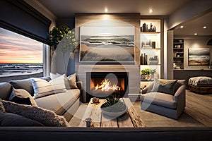 cozy lounge area with fireplace and plush seating, perfect for relaxing after a day at the beach